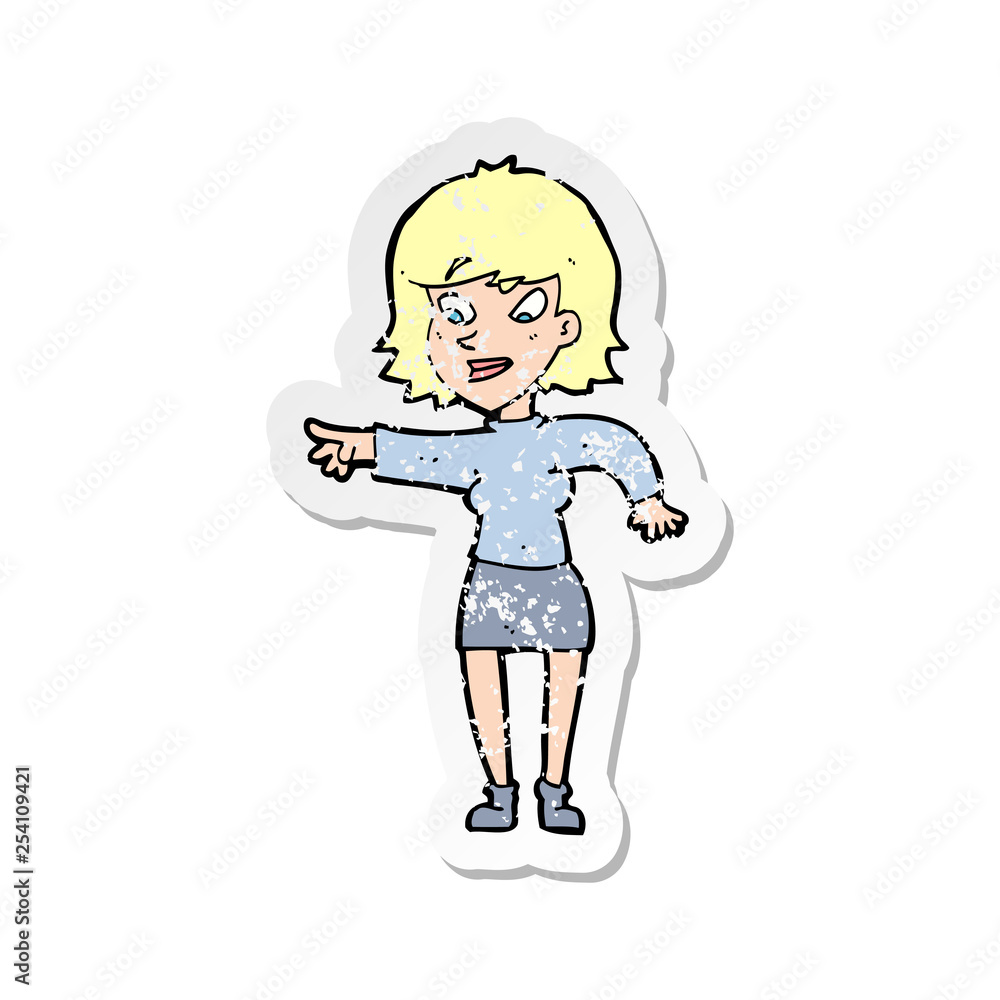 retro distressed sticker of a cartoon woman pointing retro distressed sticker of a cartoon woman pointing