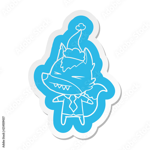 angry wolf boss cartoon  sticker of a wearing santa hat