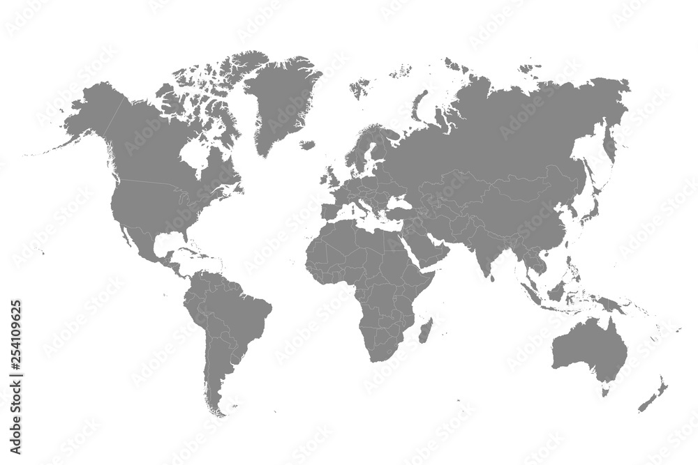 Fototapeta premium Mapa świata Mono kolor Wysoka szczegółowość oddzielone wszystkie kraje Ilustracja wektorowa na białym tle