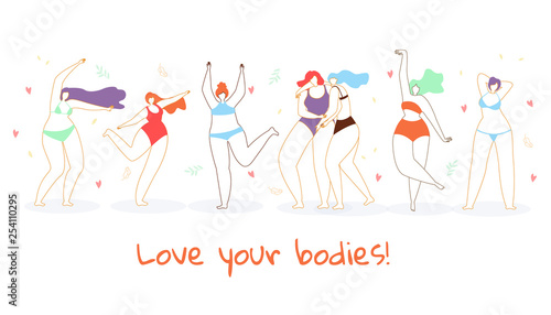 Girls in Swimsuits Standing in Row. Body Positive