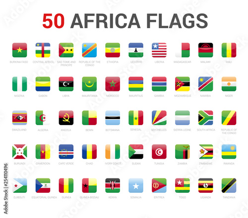 Africa flags of country. 50 flag rounded square icons Vector on White background.