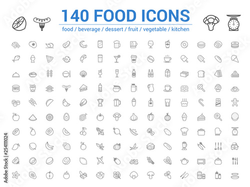 140 food line icons set. Vector illustration on white background  