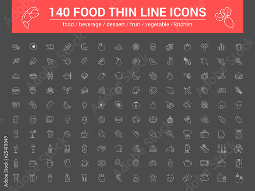 140 food thin line icons set. Vector illustration on dark background  