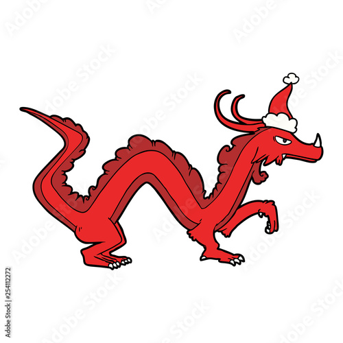 line drawing of a dragon wearing santa hat