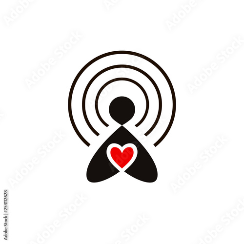Radio receiving station. Pictogram of a human figure with a heart. The icon of the donor, a volunteer philanthropist.