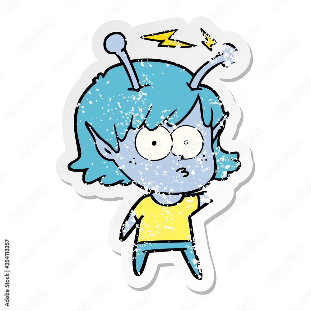 distressed sticker of a cartoon alien girl distressed sticker of a cartoon alien girl