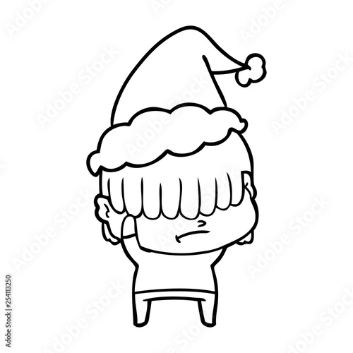 line drawing of a boy with untidy hair wearing santa hat