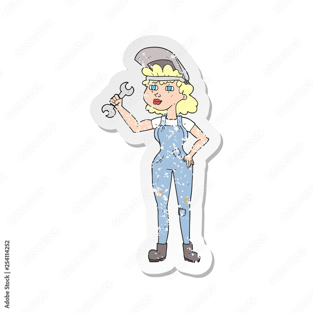 retro distressed sticker of a cartoon woman with spanner