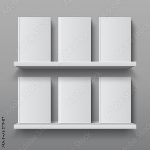 Realistic bookshelf with books. Library shelf mockup, modern office bookcase, plywood wall shelf 3D vector design template