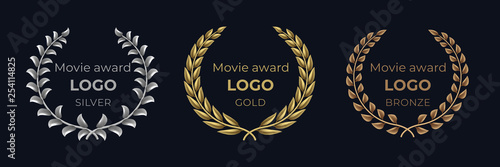 Movie award logo. Laurel golden emblems, winner reward foliage banner, show prize luxury concept. Vector golden wreath set