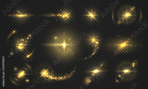 Flashes lights and sparks. Golden glitter effect, shiny transparent particles and rays, abstract flare effects. Vector sun glow set