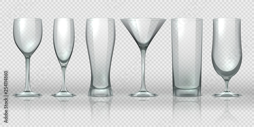 Glass cups. Empty transparent glasses and goblet mockups, realistic 3D bear pint and cocktail glassware. Vector glass cup set
