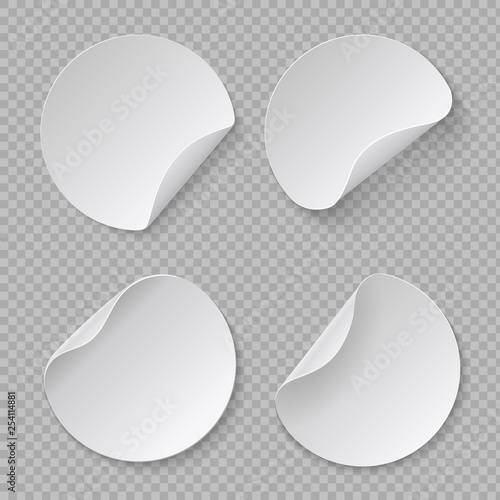 Round sticker mockup. White circle price tag, blank adhesive fold paper, cardboard banner template. Vector realistic label design set