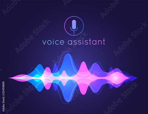 Voice assistant sound wave. Microphone voice control technology, voice and sound recognition. Vector AI assistant voice background