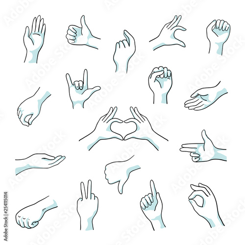 Doodle hand gestures. Finger fist and arm sketch line signs, numbers thumb up and like gestures. Vector outline hand drawn gestures