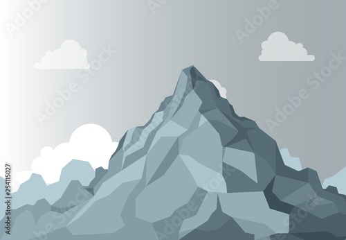 Mountain landscape. Alpine Mountain graphic top, high shape stone on background sky. Vector Isolated Landscape