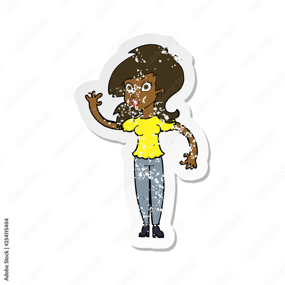 retro distressed sticker of a cartoon pretty woman waving retro distressed sticker of a cartoon pretty woman waving