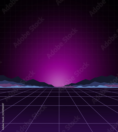 Glowing neon light. Background template. Retro video games, futuristic design, computer graphics and sci-fi technology concept.