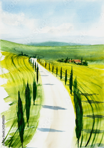 Toscana landscape. Watercolor illustration