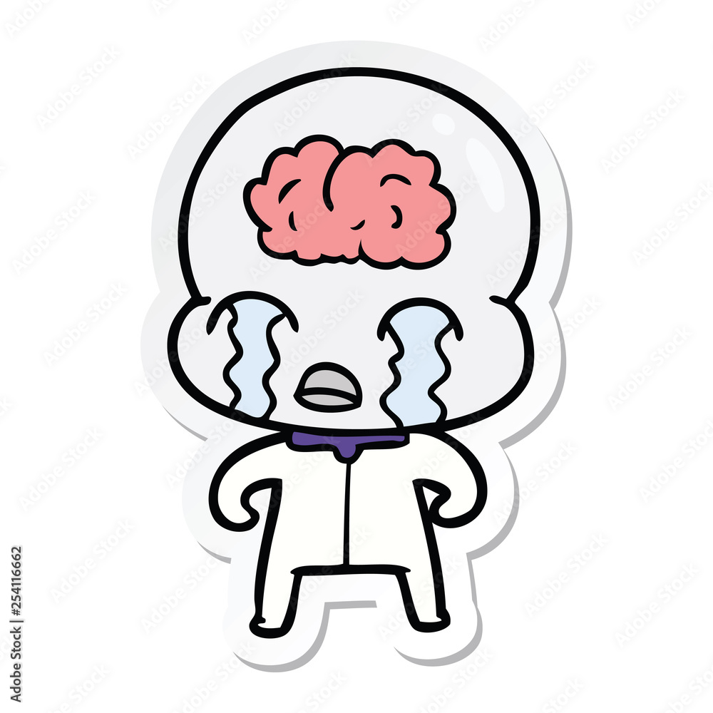 sticker of a cartoon big brain alien crying sticker of a cartoon big brain alien crying