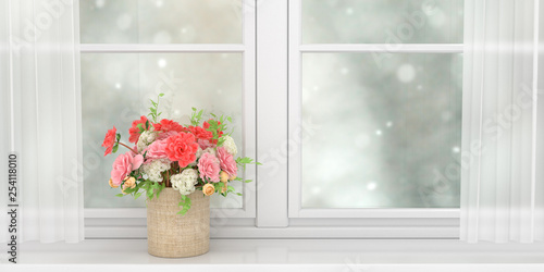 basket with pink roses and white lilac  standing on the windowsill of a wide white window  3d illustration