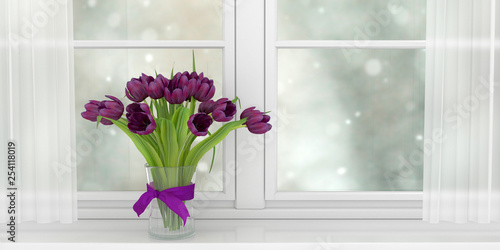 bouquet of beautiful purple tulips standing on the windowsill of a wide white window, 3d illustration