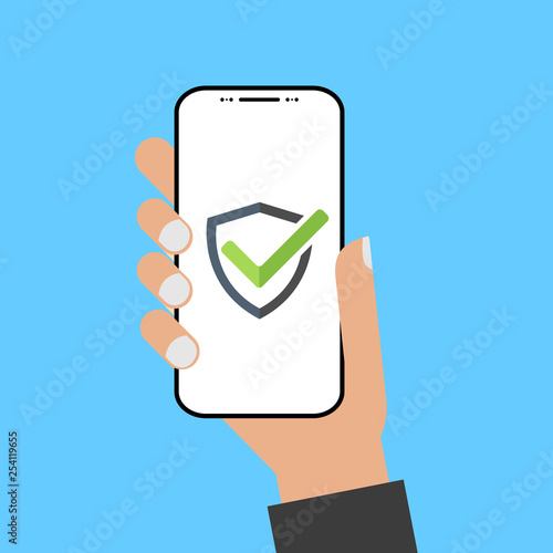 Modern design style hand holding the smartphone with shield screen