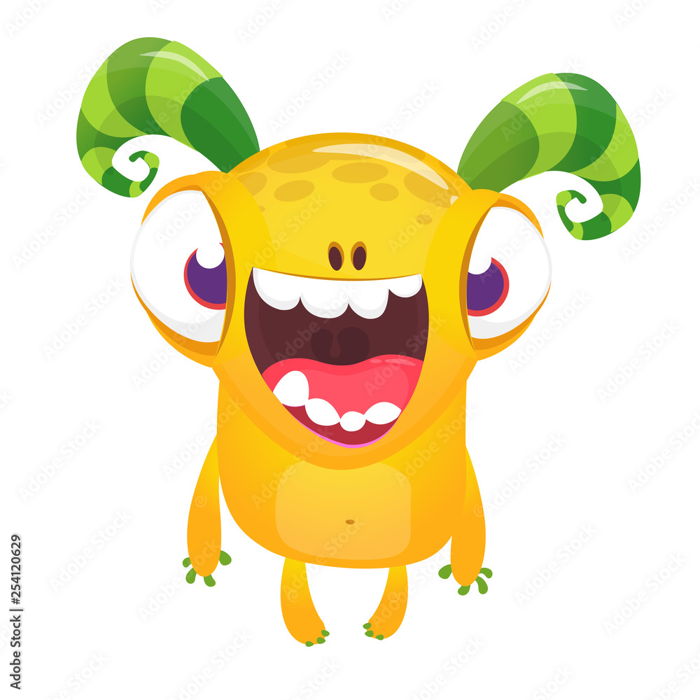 Fototapeta premium Cute cartoon excited smiling monster. Vector alien character. Isolated