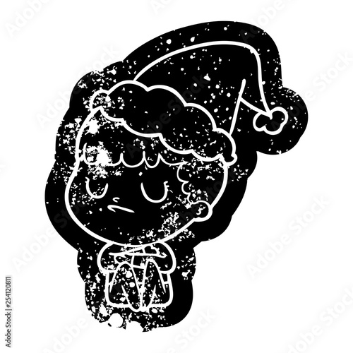 cartoon distressed icon of a grumpy boy wearing santa hat
