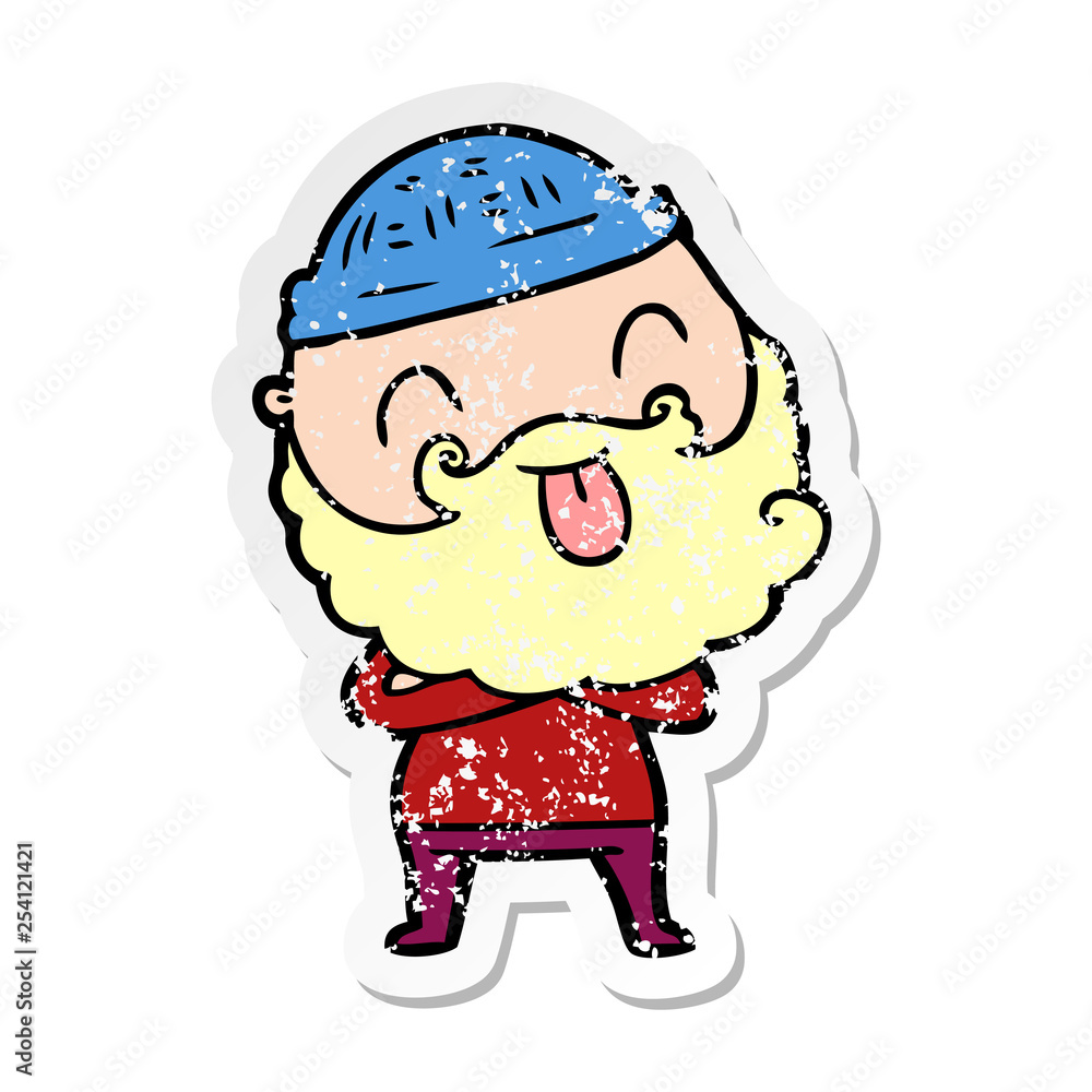 distressed sticker of a man with beard sticking out tongue distressed sticker of a man with beard sticking out tongue