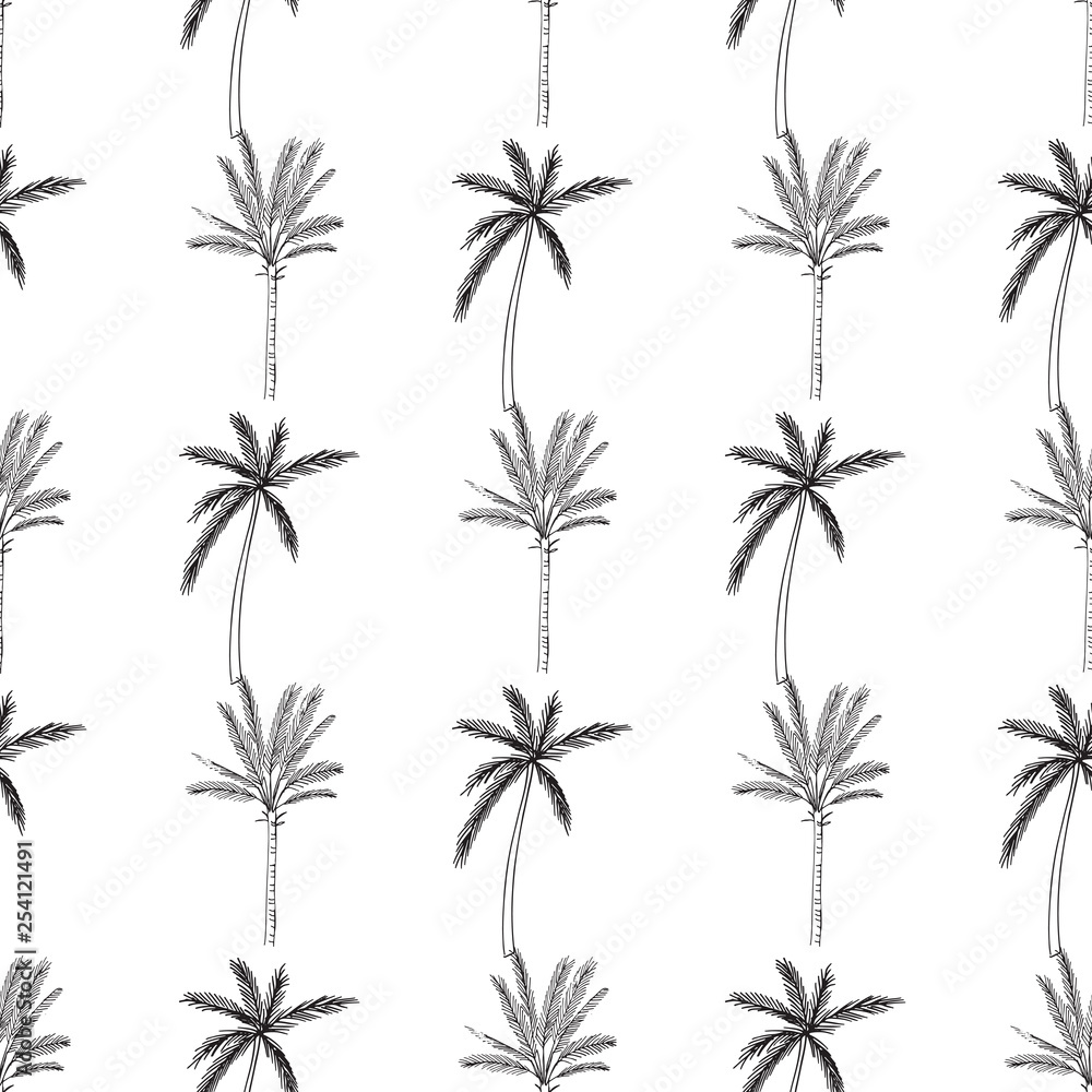 Hand-drawn seamless pattern with palm trees, isolated on white background. Abstract summer illustration. Hand-drawn seamless pattern with palm trees, isolated on white background. Abstract summer illustration.