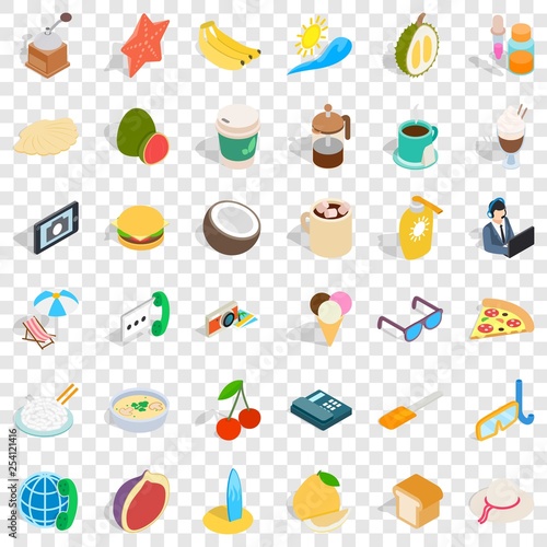 Breakfast food icons set. Isometric style of 36 breakfast food vector icons for web for any design