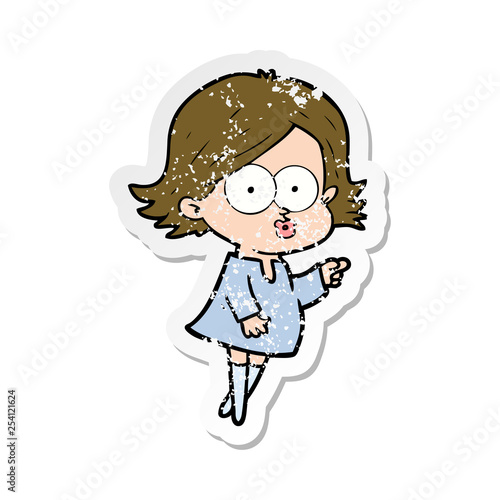 distressed sticker of a cartoon girl pouting