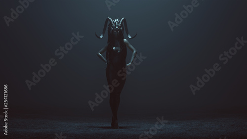 Evil Witch with Glowing Eyes and a Tight Black Low Cut Dress with Head Dress Walking with Hands on Hips in a Foggy Void 3d Illustration 3d render