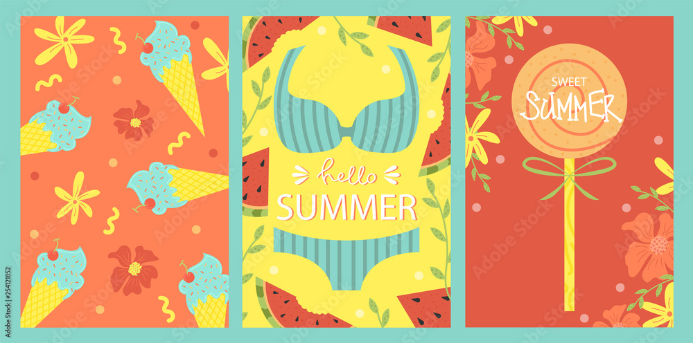 A set of bright summer cards. Greeting card.. Vector design concept for summer party.