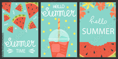 Set of 3 posters of summertime. Vector design concept for summer. Watermelons