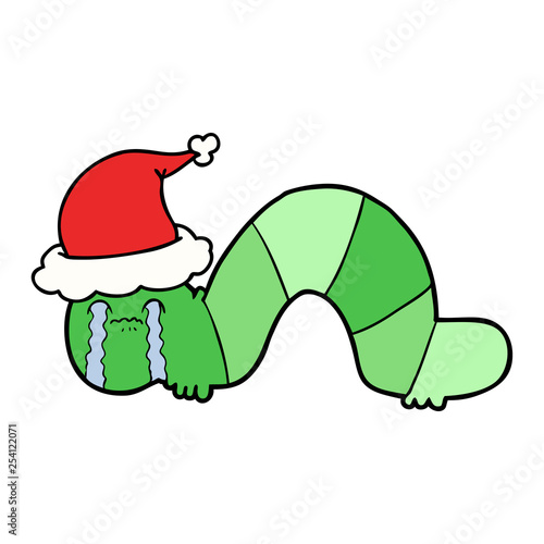 line drawing of a caterpillar obsessing over his regrets wearing santa hat