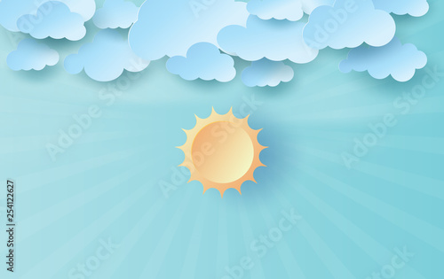 3D paper art and craft of sunlight on blue sky.Landscape for sun and cloudscape view beautiful.use of comfortable pastel sweet colors.Nature Outdoor summer or spring season.vector.illustration.