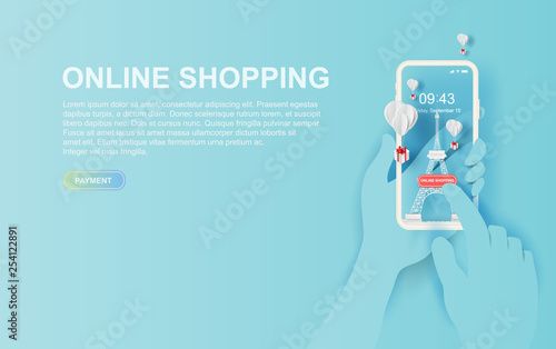 3D Paper art of balloons gift box floating in air sky with smartphone online shopping concept. Scene place for your text space in Eiffel tower Paris travel holiday concept. Blue color pastel.vector.