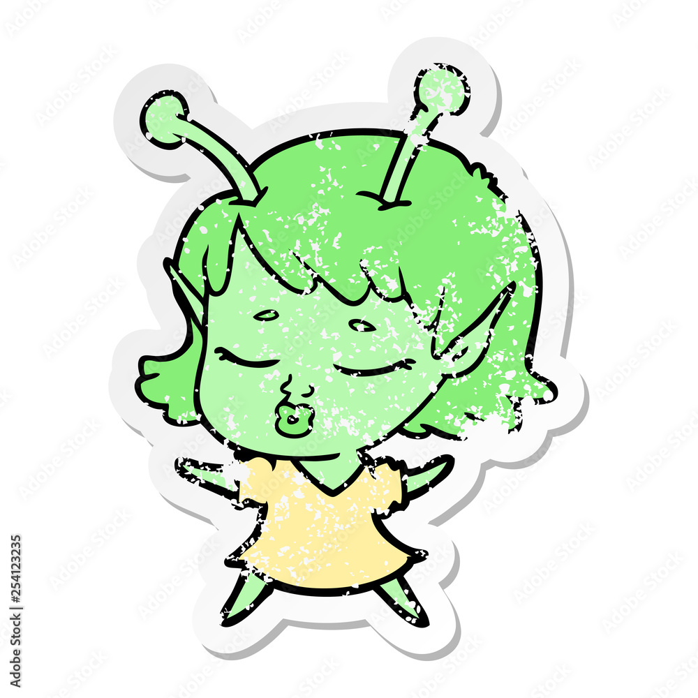 distressed sticker of a cute alien girl cartoon distressed sticker of a cute alien girl cartoon