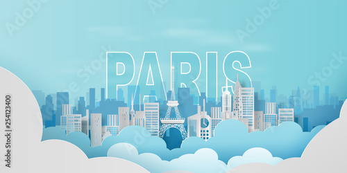Paper art of Traveling holiday Eiffel tower Paris city France,Website Travel landmarks city pastel color landscape concept your text space background,Illustration of idea design vacation.vector.