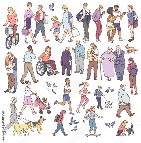 Vector walking urban crowd on street in city. Woman with kids people with dogs pigeons bicyclist and other characters line art. Children and adults in various situations.