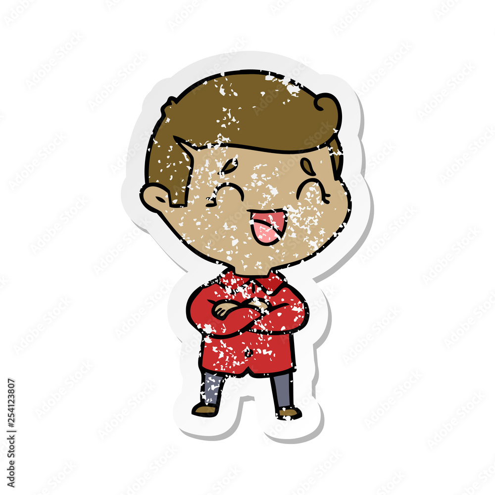 distressed sticker of a cartoon laughing man distressed sticker of a cartoon laughing man