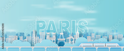 Paper art and craft of Traveling holiday Eiffel tower Paris city France,Website Travel holiday time transportation train landmarks city pastel color landscape concept your text space background.vector photo