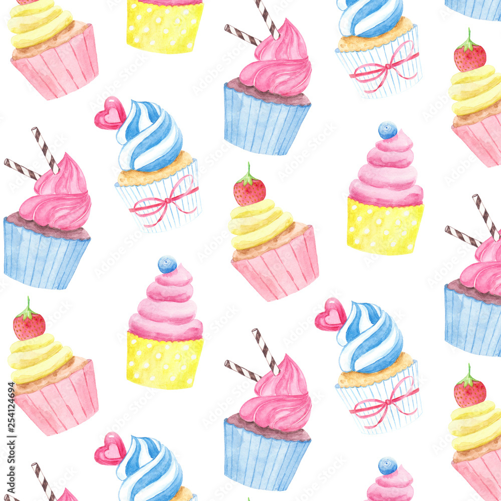 Watercolor seamless pattern with cupcakes.
