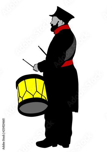Soldier in old uniform with big drum on white background