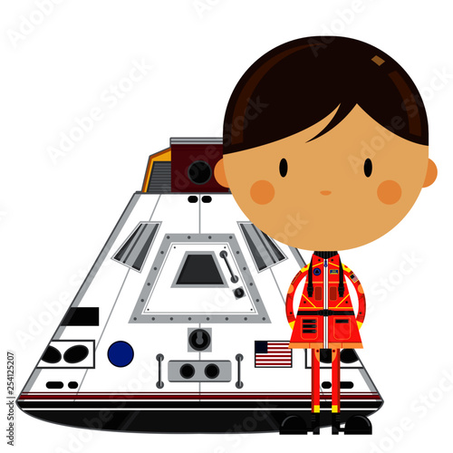 Cartoon Astronaut in Spacesuit with Space Capsule