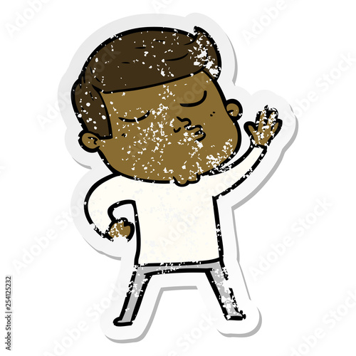 distressed sticker of a cartoon model guy pouting