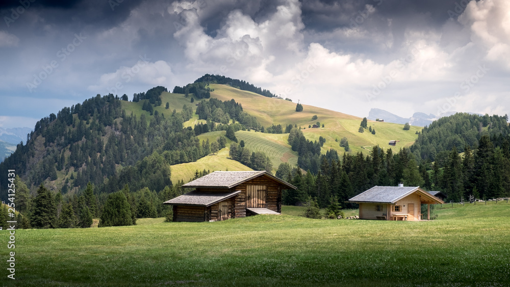 Idyllische Blockhütten auf einer Sommerwiese auf der Seiseralm im Südtirol