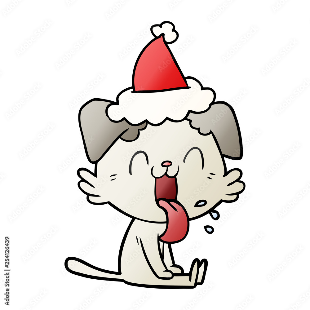 gradient cartoon of a panting dog wearing santa hat gradient cartoon of a panting dog wearing santa hat